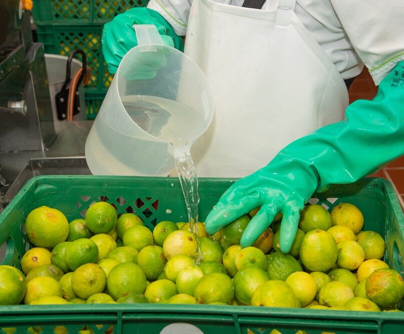 Worker,Washing,Oranges,With,Gloves,At,A,Food,Processing,Plant